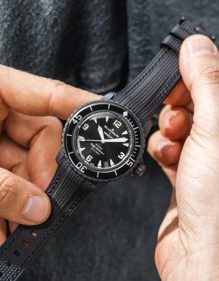 Black Vertech Rubber Strap for Blancpain X Swatch The Ocean Of Storms - flat lay with black background