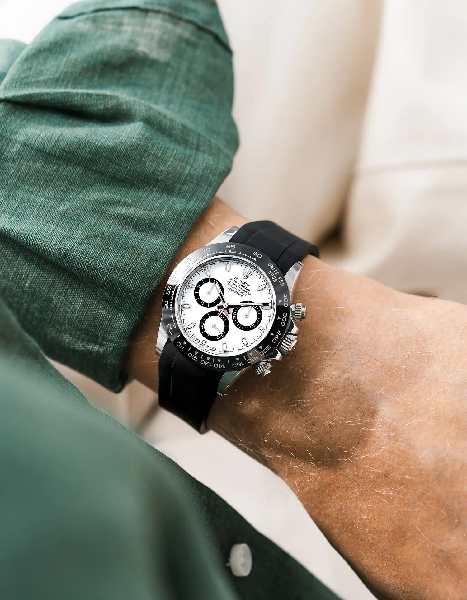 Black FKM Rubber Strap Integrated for Original Clasp Rolex Daytona 116500 wrist shot with green shirt