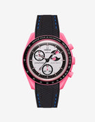 Black and blue rubber strap on Omega x Swatch MoonSwatch Mission to the Pink Moonphase