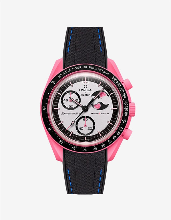 Black and blue rubber strap on Omega x Swatch MoonSwatch Mission to the Pink Moonphase