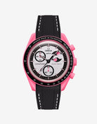 Black and white rubber strap on Omega x Swatch MoonSwatch Mission to the Pink Moonphase