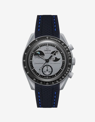 Black rubber watch strap with blue stitching for the Omega x Swatch MoonSwatch Mission to Earthphase