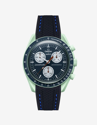 Black rubber watch strap with blue stitching for the Omega x Swatch MoonSwatch Mission on Earth, shown fitted on the watch⠋