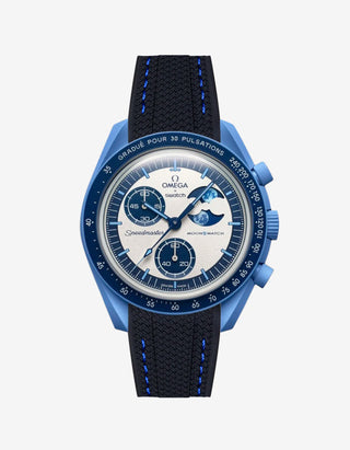 Black rubber watch strap with blue stitching for the Omega x Swatch MoonSwatch Mission to the Super Blue Moonphase, shown fitted on the watch