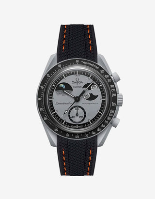 Black rubber watch strap with orange stitching for the Omega x Swatch MoonSwatch Mission to Earthphase