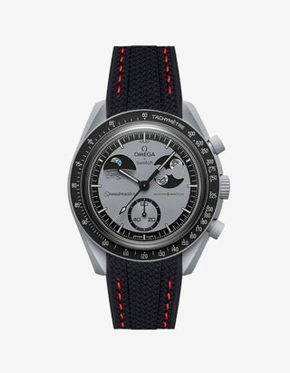 Black rubber strap with red stitching designed for the Omega x Swatch MoonSwatch Mission to Earthphase