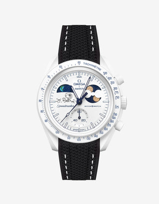Black rubber strap with white stitching designed for the Omega x Swatch MoonSwatch Mission to Earthphase Moonshine Gold Cold Moon