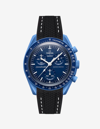 Black rubber watch strap with white stitching for the Omega x Swatch MoonSwatch Mission to Neptune, shown fitted on the watch