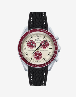 Black rubber watch strap with white stitching for the Omega x Swatch MoonSwatch Mission to Pluto, shown fitted on the watch