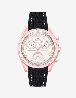 Black rubber watch strap with white stitching for the Omega x Swatch MoonSwatch Mission to Venus, shown fitted on the watch