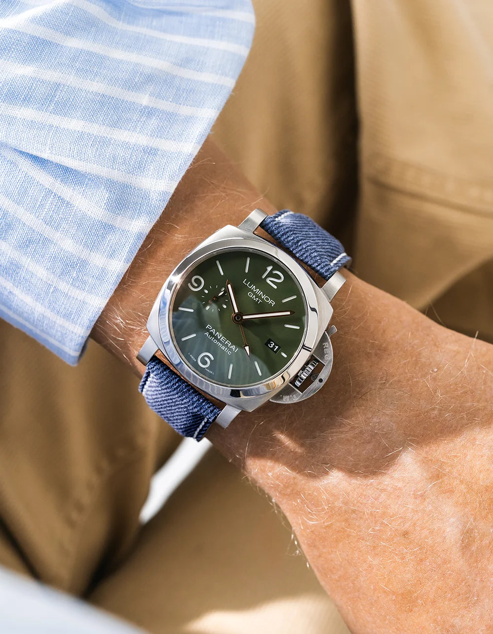 Blue & White Stitches Denim Strap for Panerai wrist shot