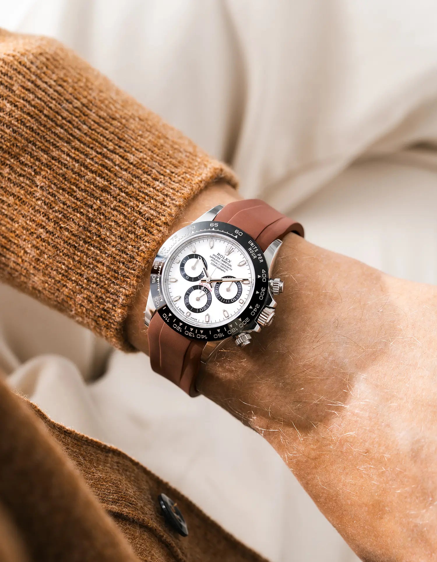 Brown FKM Rubber Strap Integrated for Original Clasp - Rolex Daytona 116500 wrist shot with brown shirt