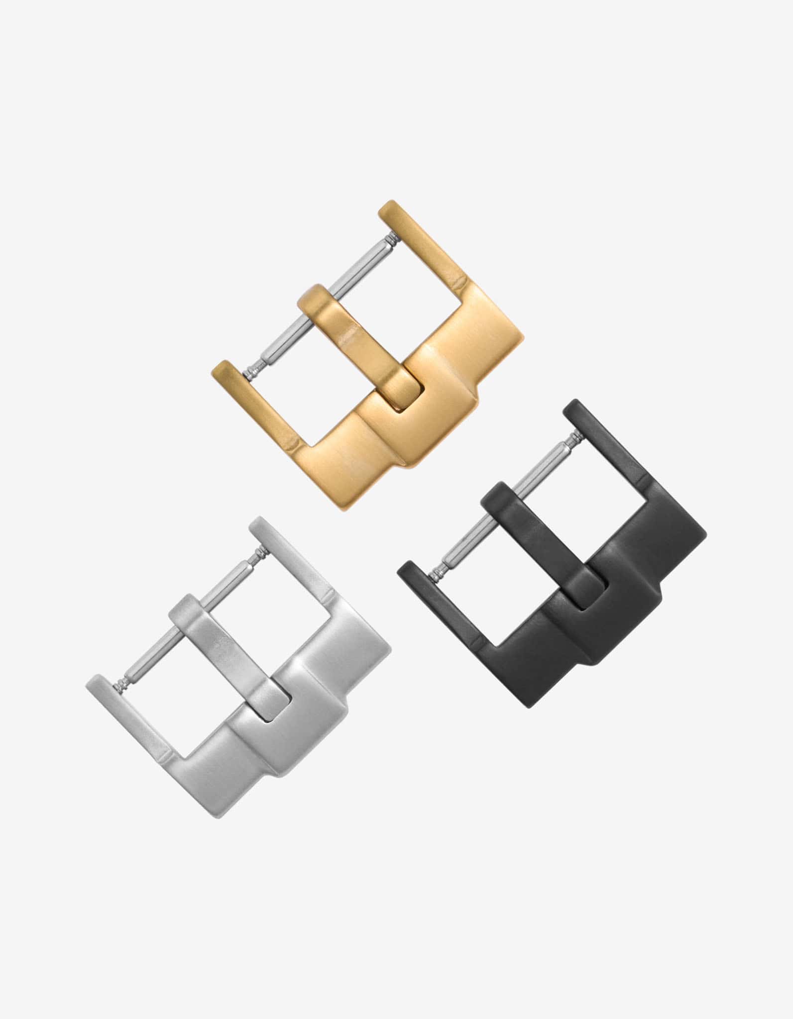 three different Standard Buckle - 18mm in gold, silver and black