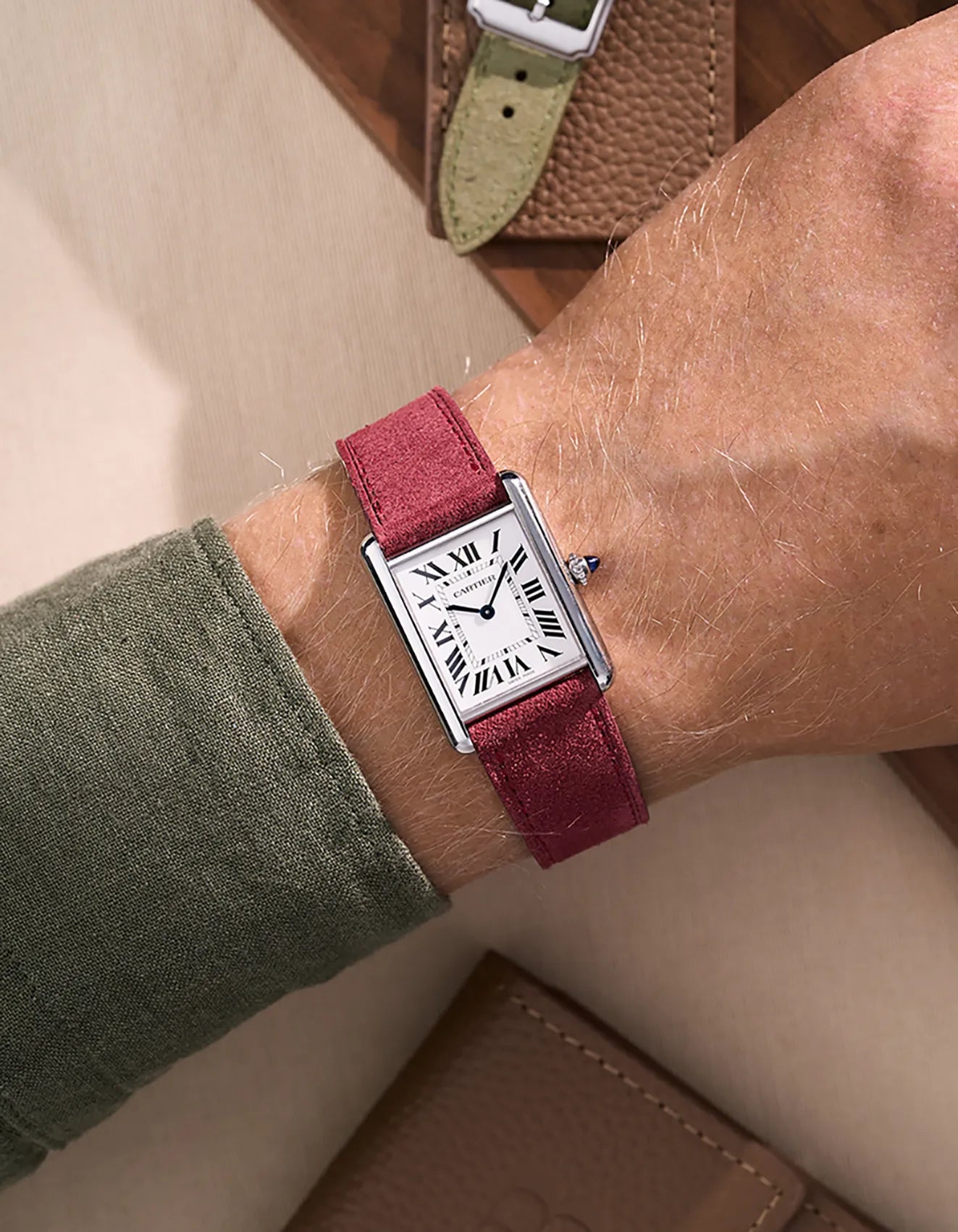 Burgundy suede leather strap on wrist | bold luxury watch band with stainless steel buckle