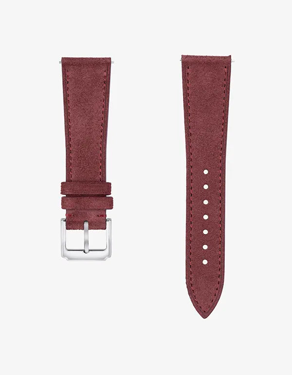 Burgundy suede leather watch strap with 316L stainless steel clasp | flat lay image on white background