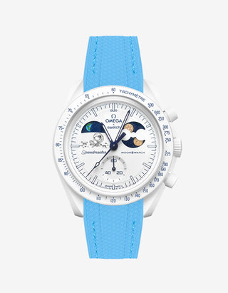 Capri blue rubber strap designed for the Omega x Swatch MoonSwatch Mission to Earthphase Moonshine Gold Cold Moon