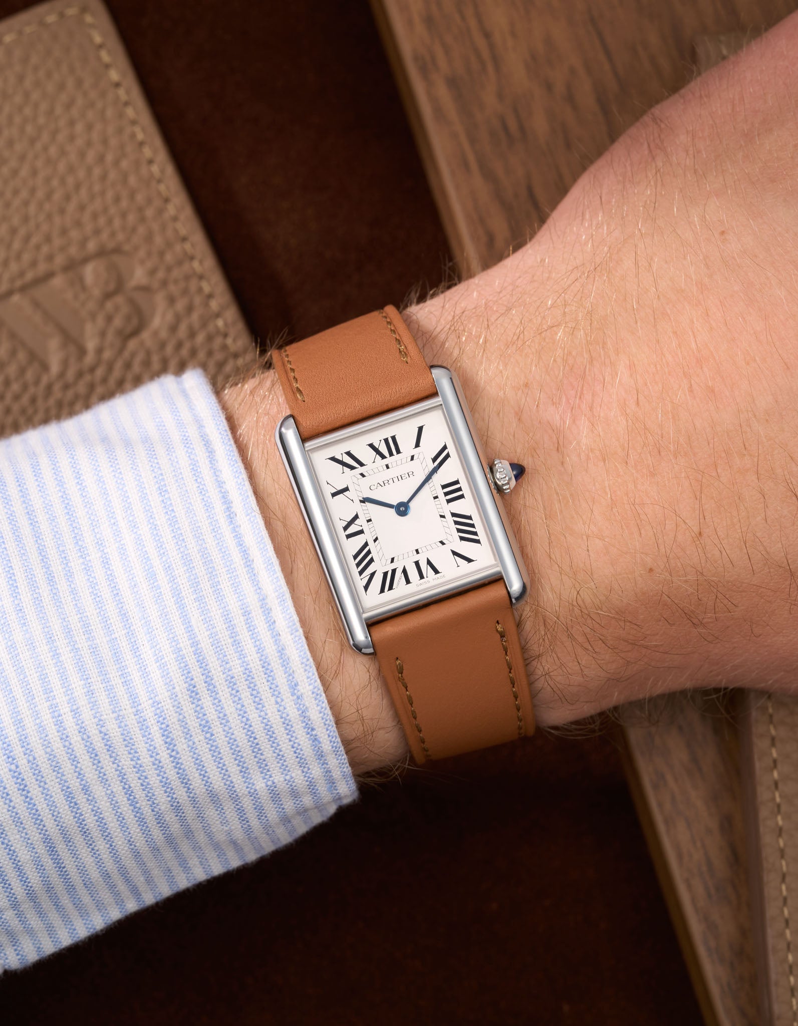 Brown Cowhide Leather Straps for Cartier Tank Must Large wrist shot with white and blue shirt