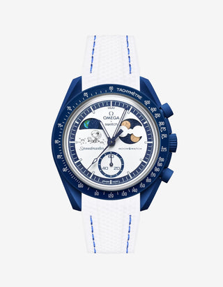 White rubber strap with Blue stitching For MoonSwatch Mission To Earthphase - Moonshine Gold attached to the watch