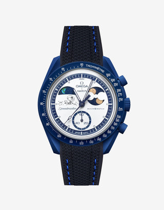 Black rubber strap with Blue stitching For MoonSwatch Mission To Earthphase - Moonshine Gold attached to the watch front view