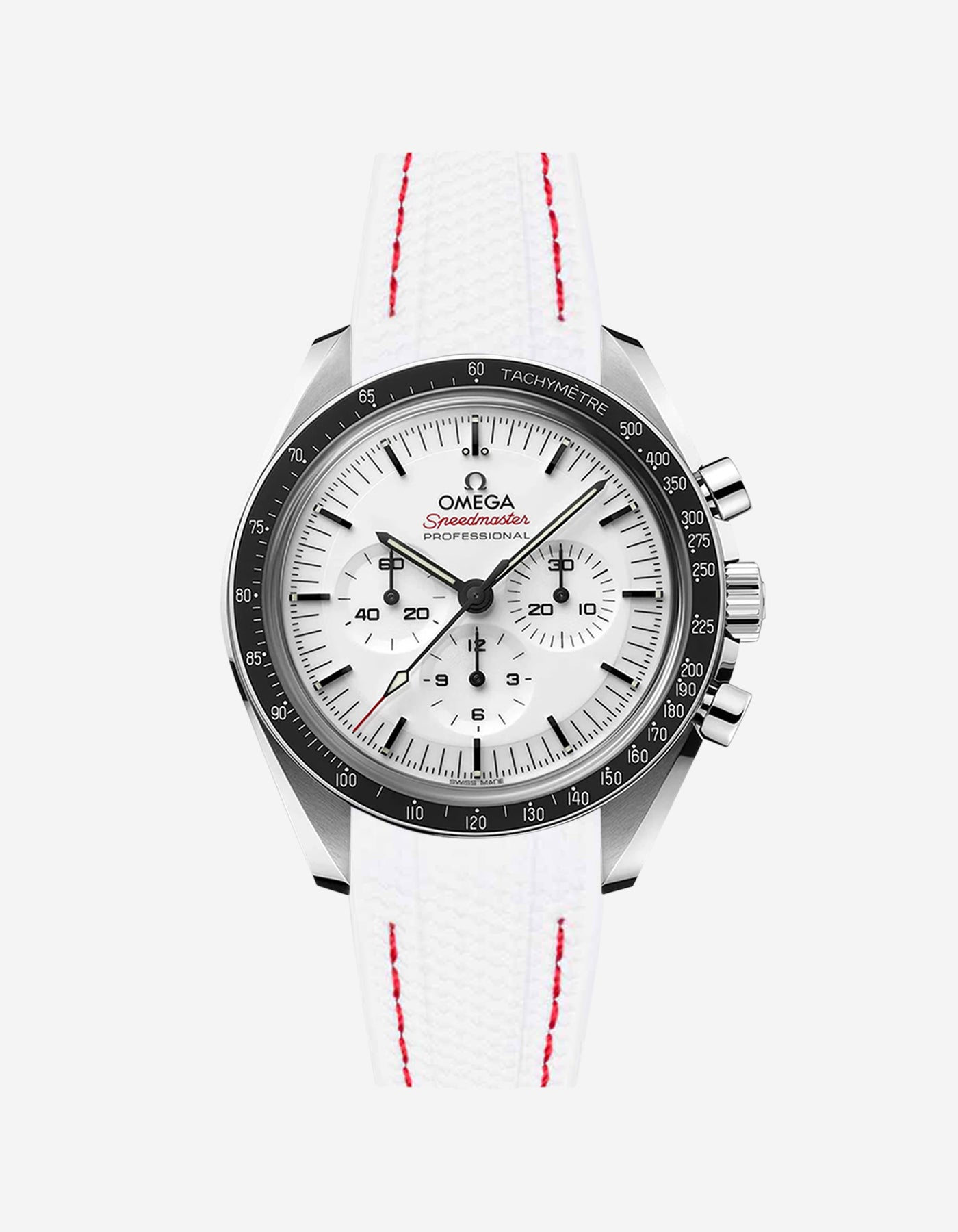 Omega Speedmaster watch with white and red stitches vertech rubbber watch strap from Wristbuddys and white dial on a white background