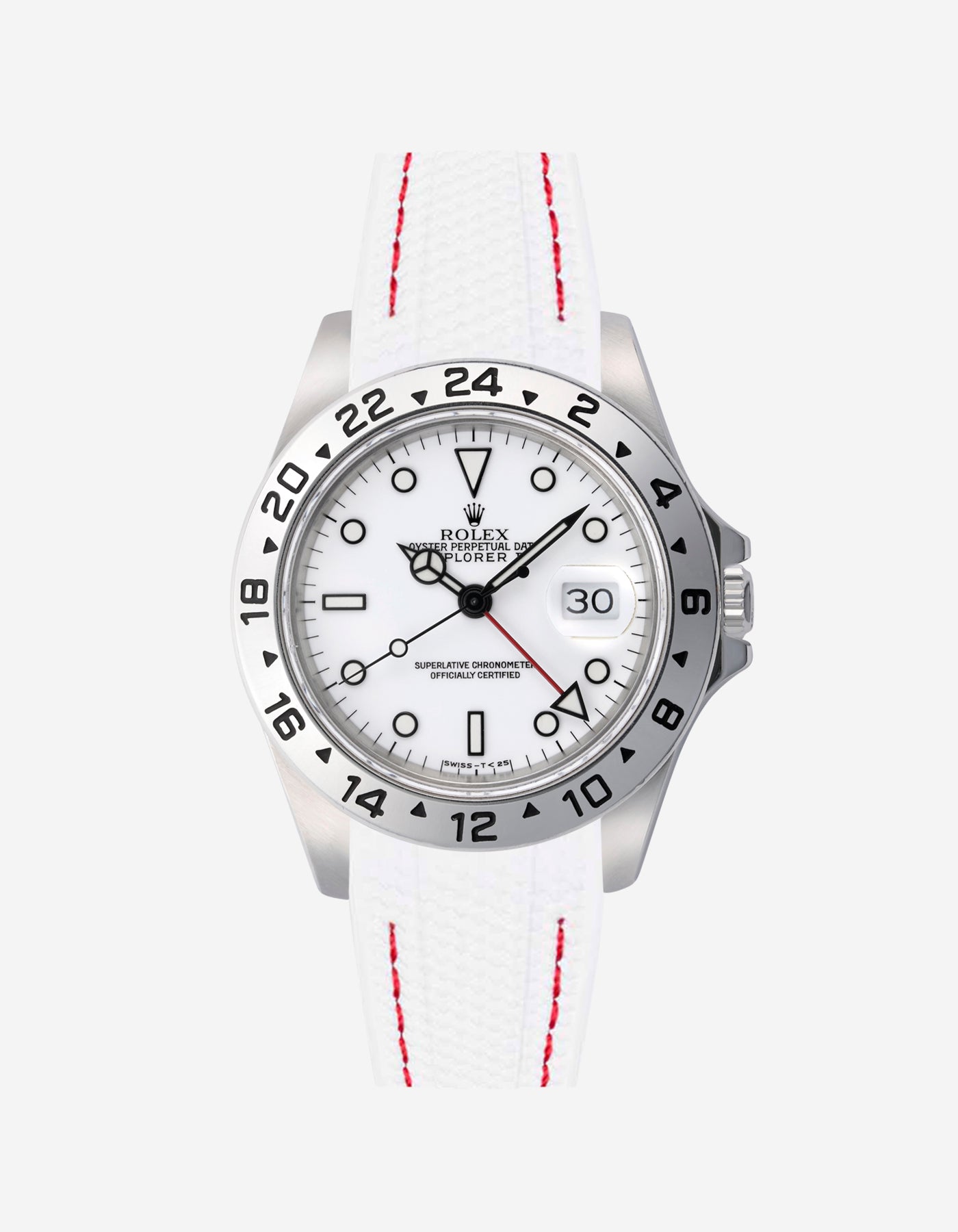 Rolex Explorer 16570 watch with white dial and on a white & red stitches vertech rubber watch strap with gray background