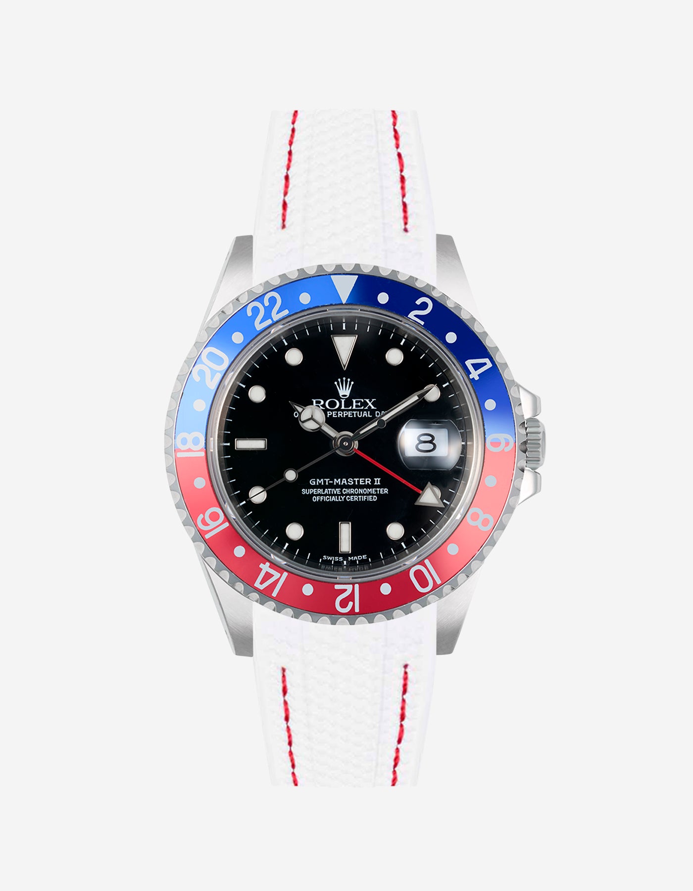 Rolex Pepsi steel watch with white & red stitches vertech rubber watch strap and colorful bezel on a white background