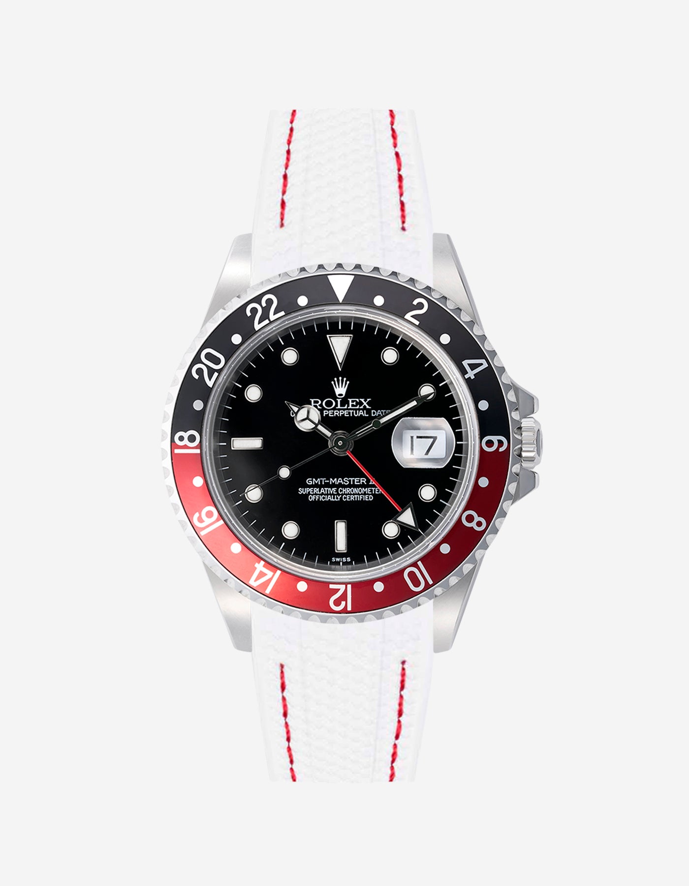 Rolex GMT Master 2 watch with white and red stitches rubber vertech strap and black dial on a white background