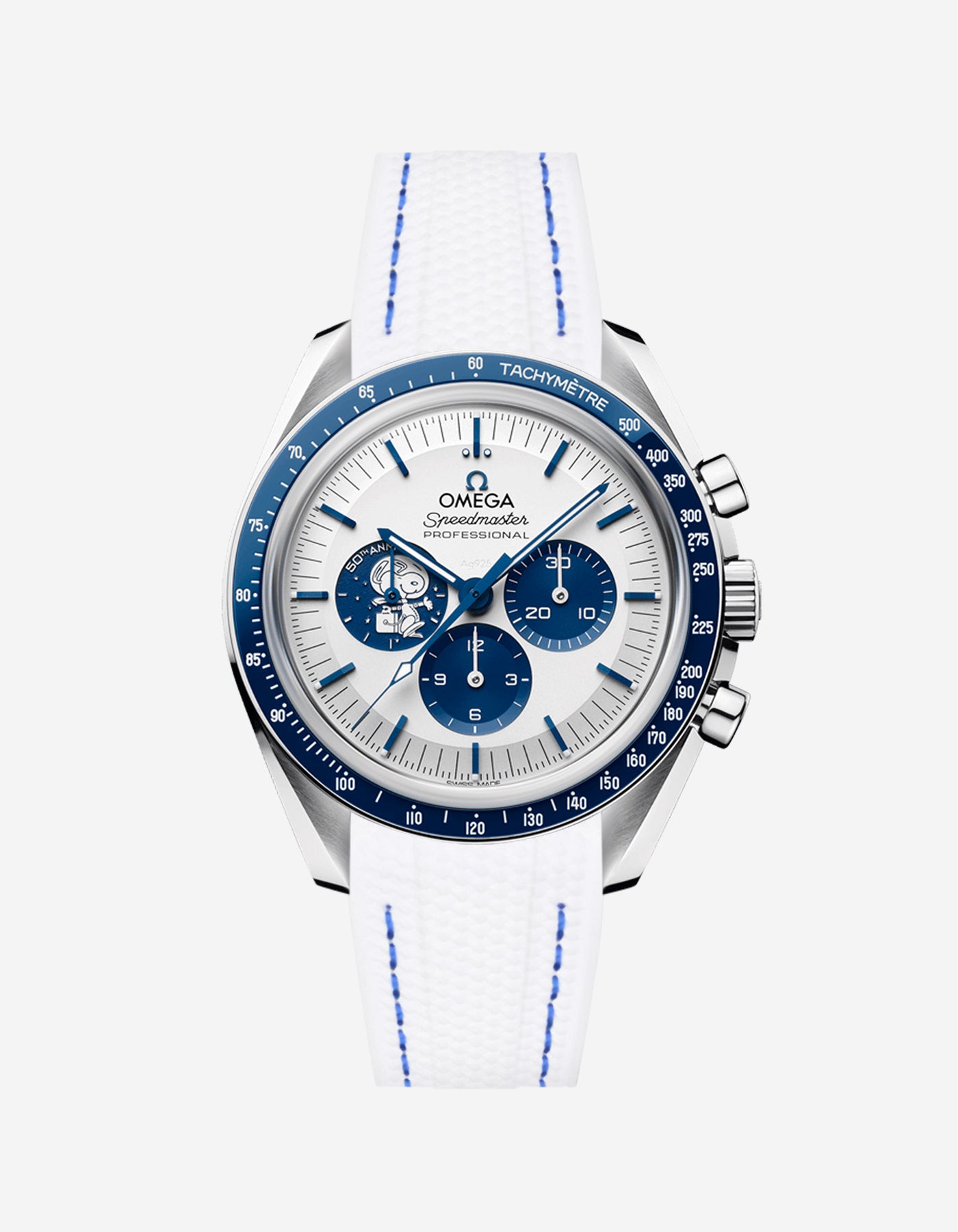 Omega Speedmaster Snoopy watch with 
white vertech rubber watch strap with blue stitches and face on a white background