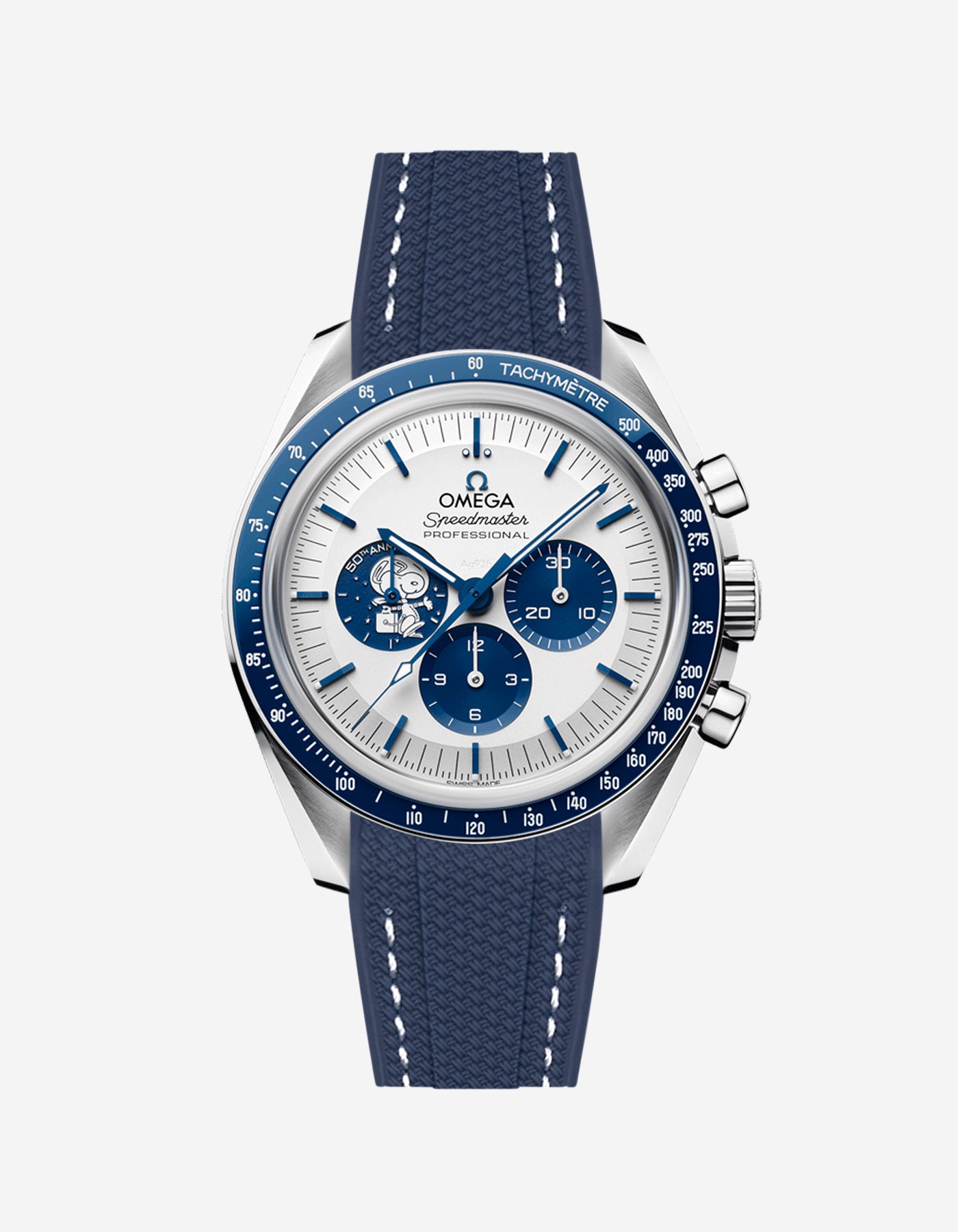 Omega Speedmaster Snoopy watch with blue vertech rubberwith white stitches  watch strap and face on a white background