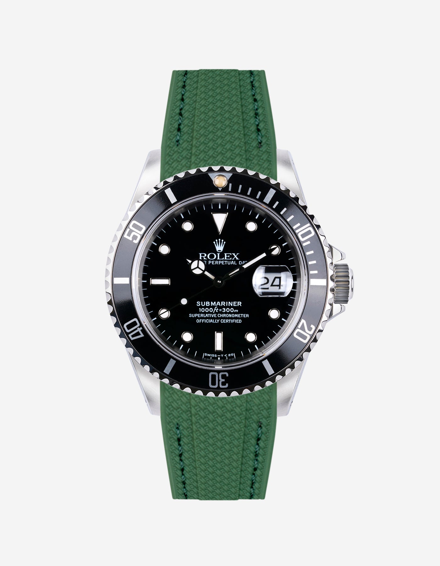 Vertech rubber strap for Rolex Submariner 16610 in green, shown on watch