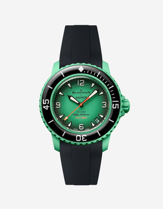 Blancpain X Swatch Indian Ocean watch displayed from the front with black rubber strap mounted
