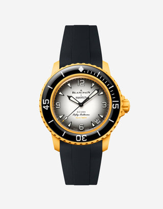 Blancpain X Swatch Pacific Ocean displayed from the front with black rubber strap mounted