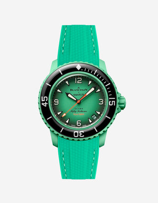 Blancpain X Swatch Indian Ocean watch displayed from the front with green vertech rubber strap mounted
