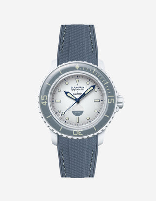 Front view of Blancpain X Swatch Antarctic Ocean with grey vertech rubber strap fitted on the watch