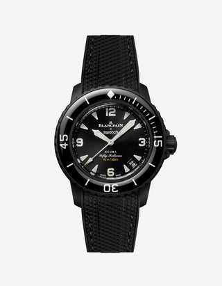Black vertech rubber strap fitted on Blancpain Swatch Ocean of Storms diver watch, front view