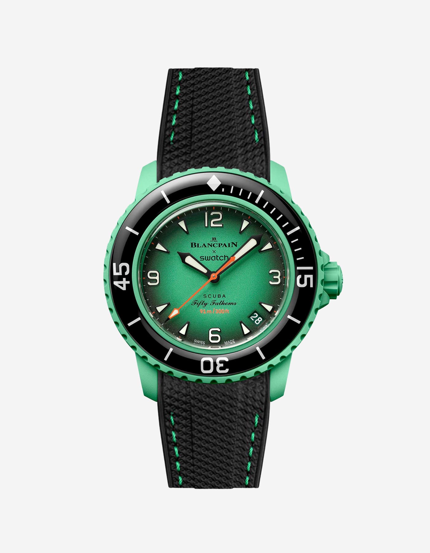 Blancpain X Swatch Indian Ocean watch displayed from the front with black vertech rubber strap with green stitches mounted