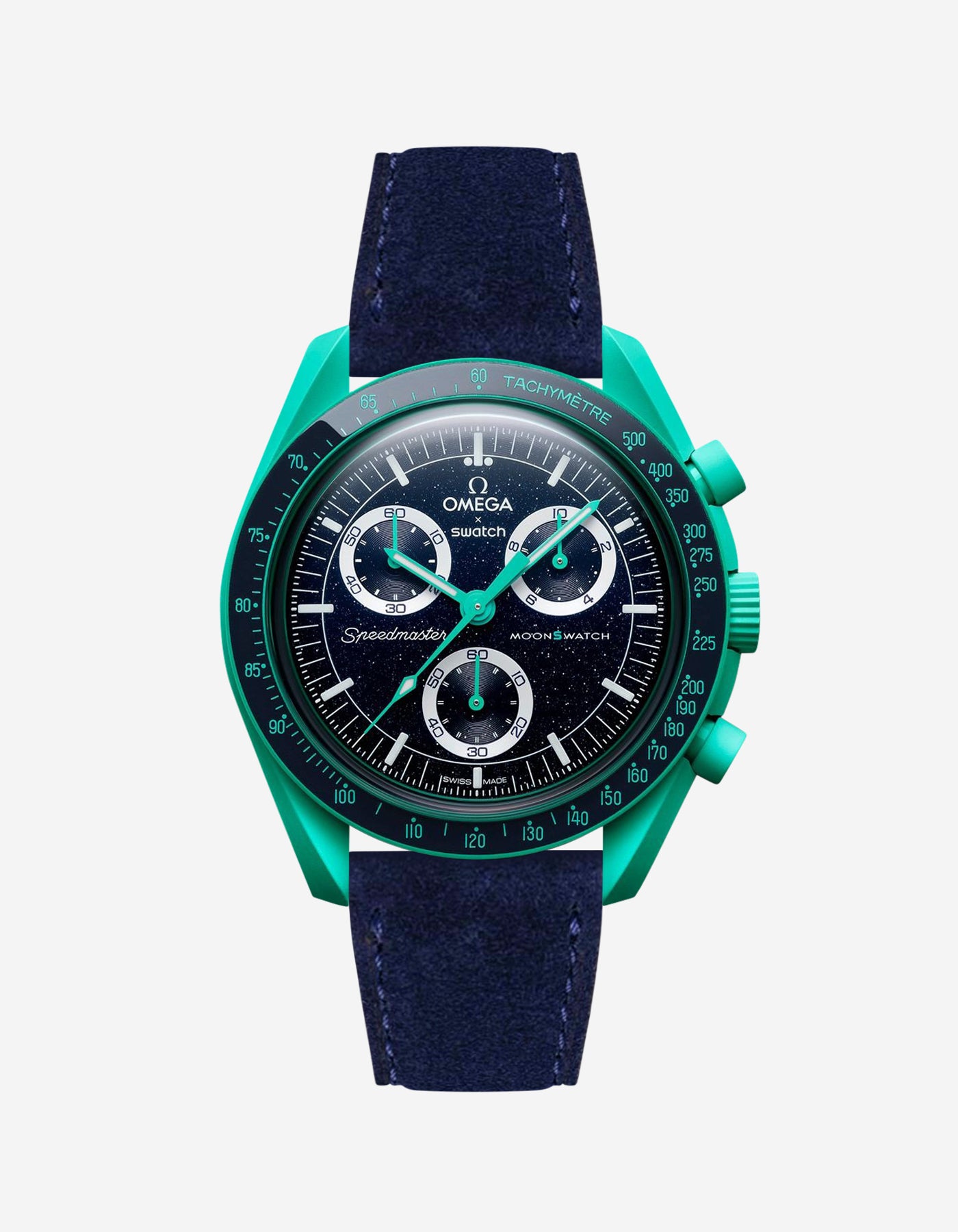 Omega X Swatch Mission on Earth Polar Lights with Dark blue suede leather strap mounted on watch – front view