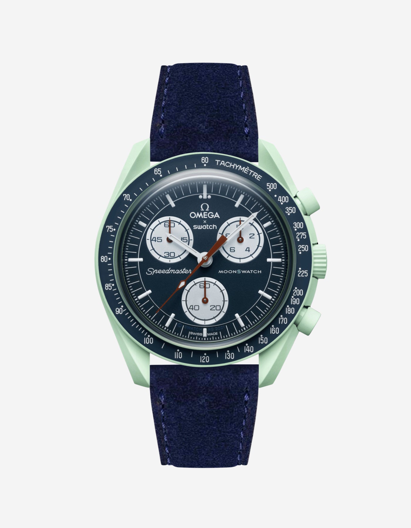 Omega X Swatch Mission on Earth with Dark blue suede leather strap mounted on watch – front view