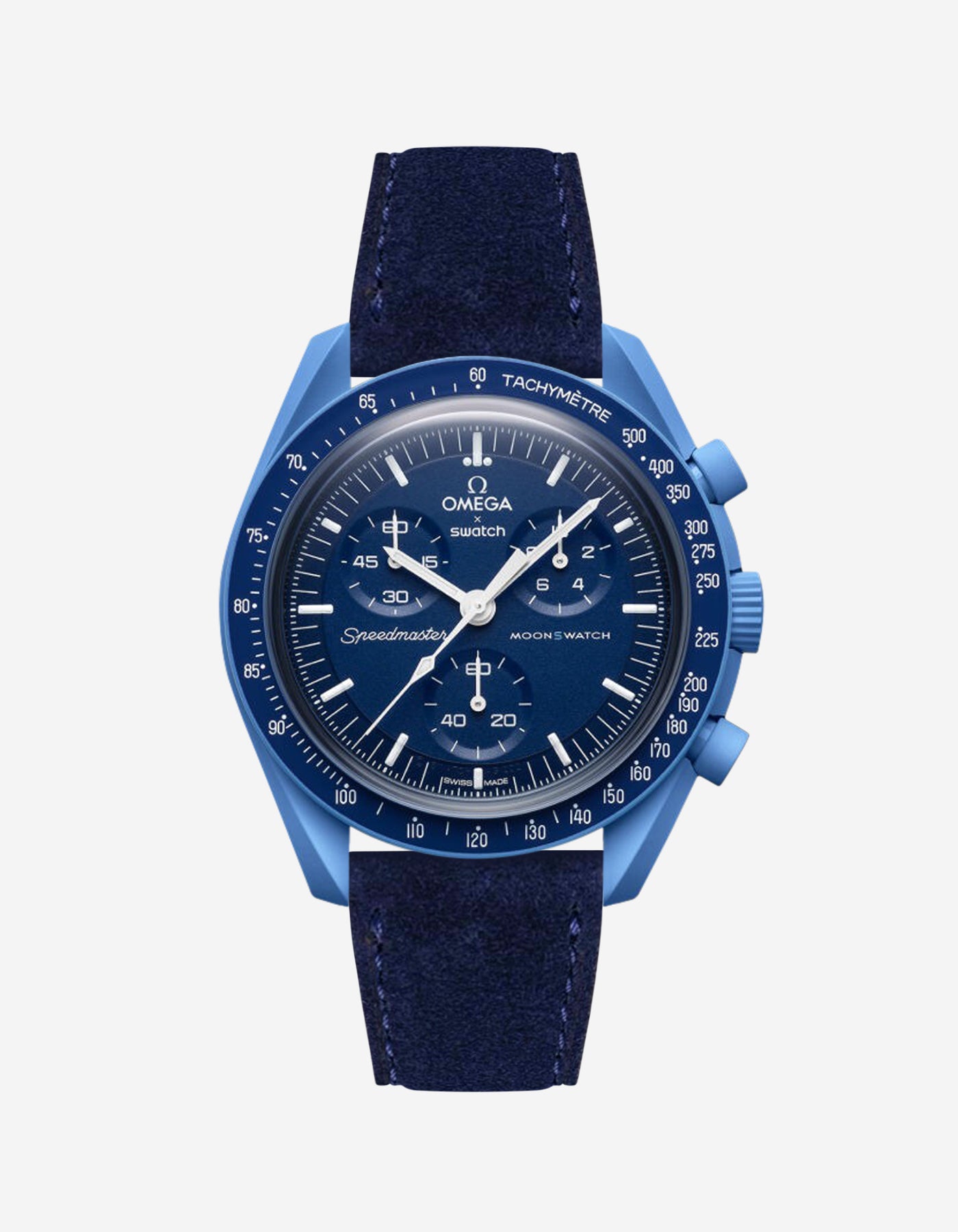 Omega X Swatch Mission to Neptune with Dark blue suede leather strap mounted on watch – front view