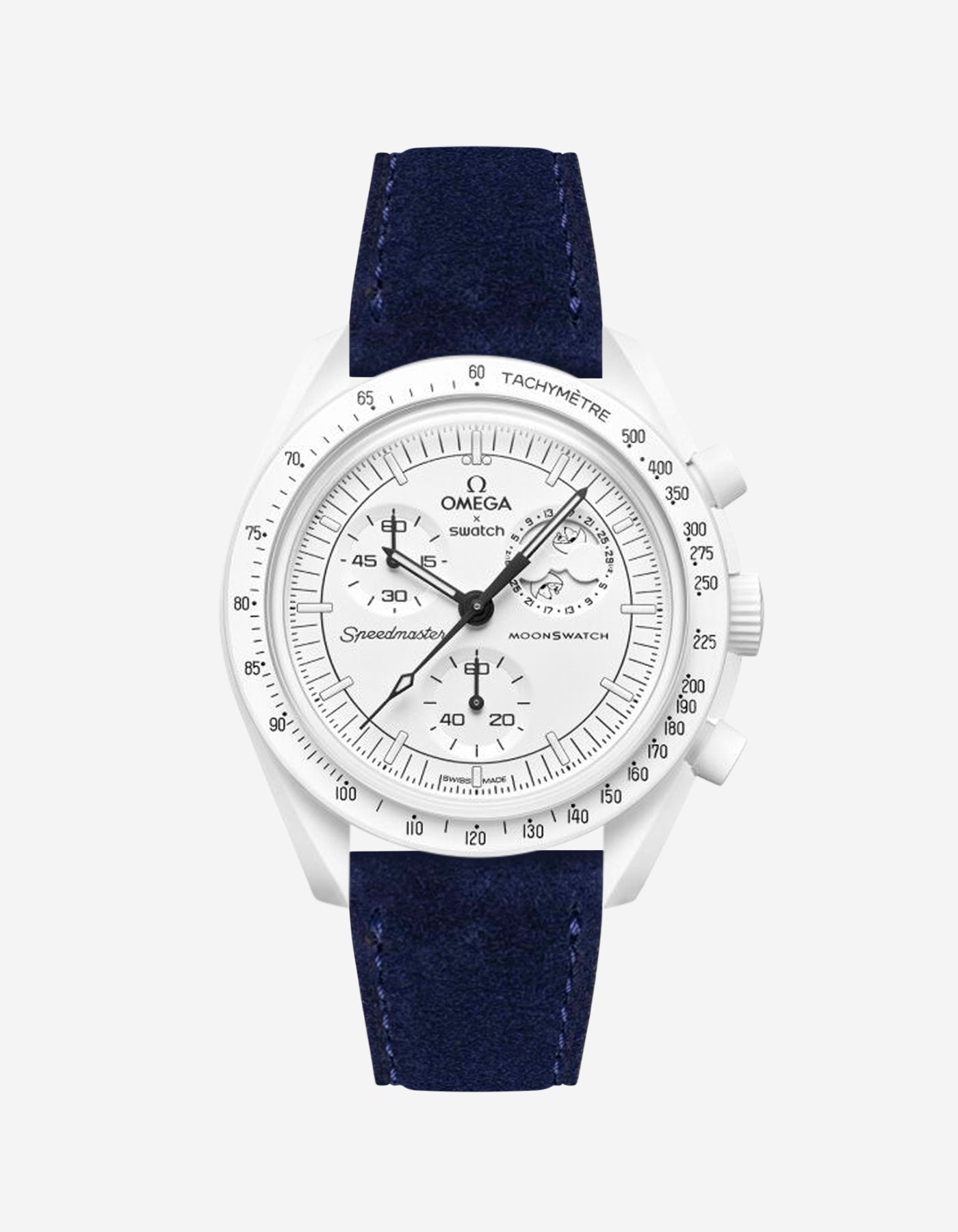 Omega X Swatch Mission to the Moonphase Full Moon with Dark Blue suede leather strap mounted on watch – front view