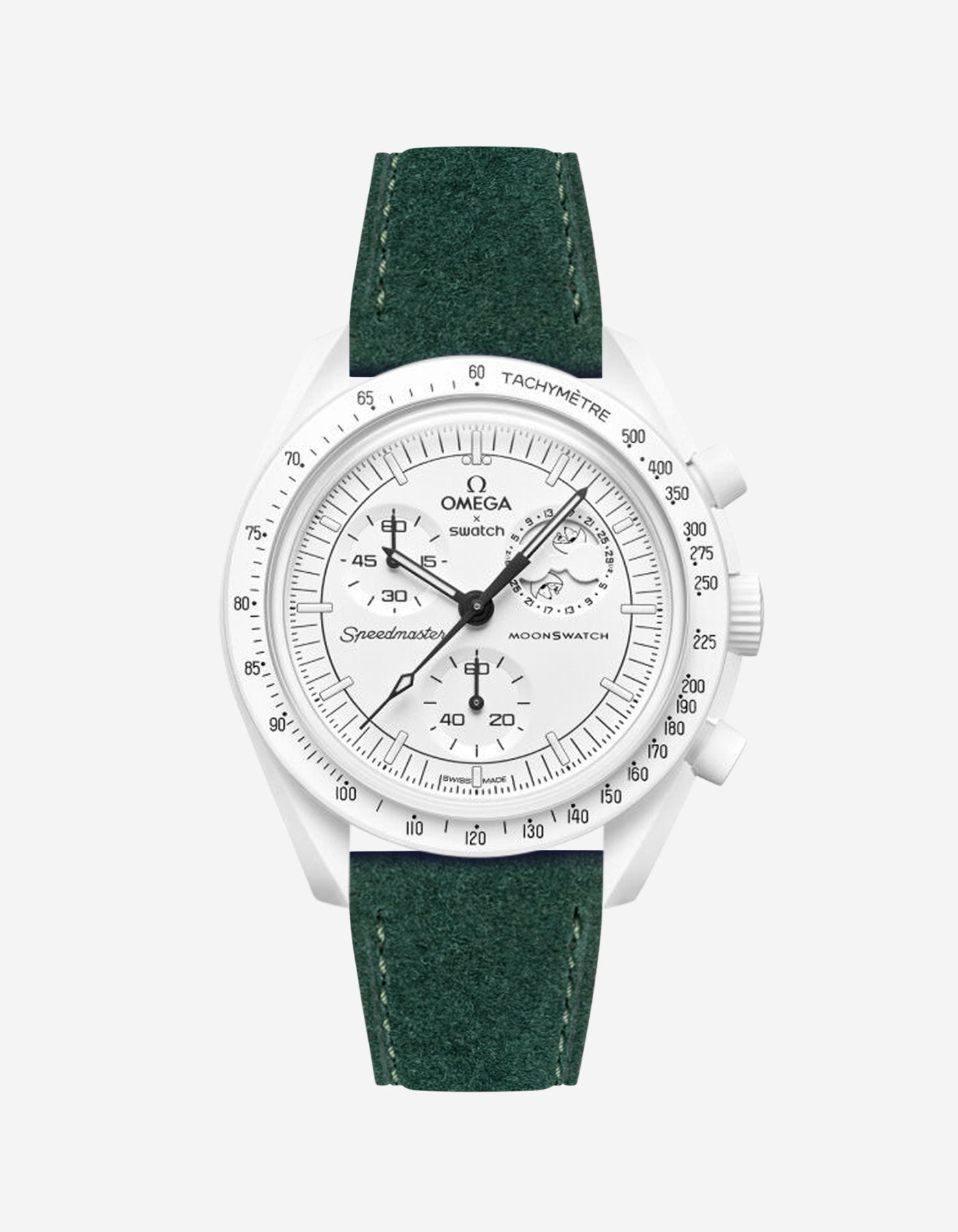 Omega X Swatch Mission to the Moonphase Full Moon with Dark Green suede leather strap mounted on watch – front view