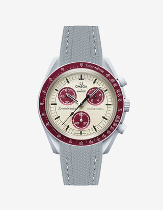 Dark grey rubber watch strap for the Omega x Swatch MoonSwatch Mission to Pluto, shown fitted on the watch