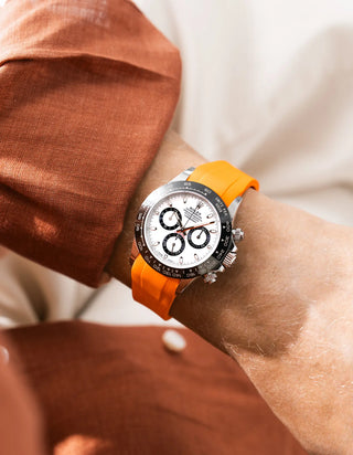 Orange FKM Rubber Strap Integrated for Original Clasp - Rolex Daytona 116500 wrist shot white orange shirt 