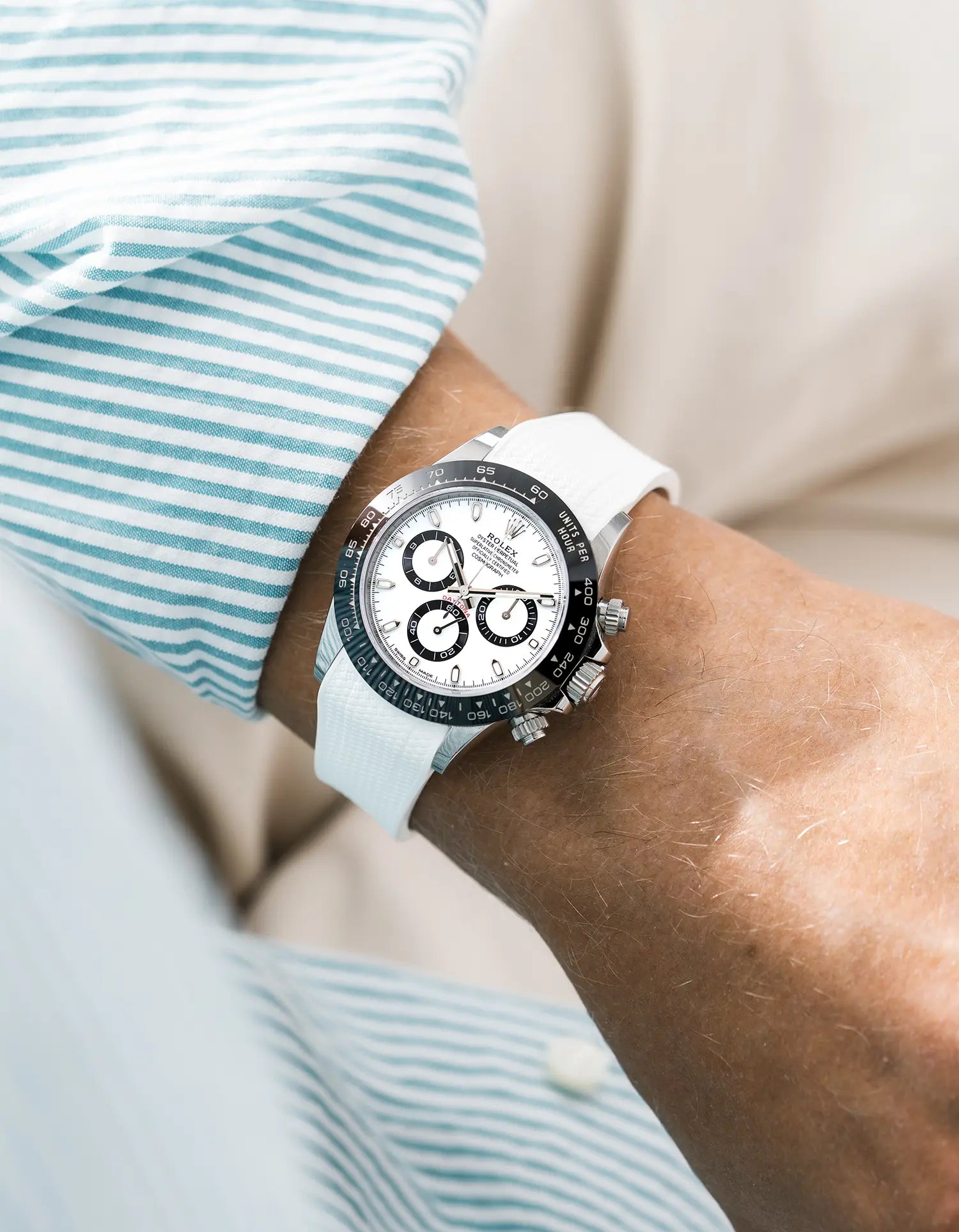 Vertech white integrated FKM rubber strap with original clasp on Rolex Daytona 116500 white dial ceramic bezel wrist shot