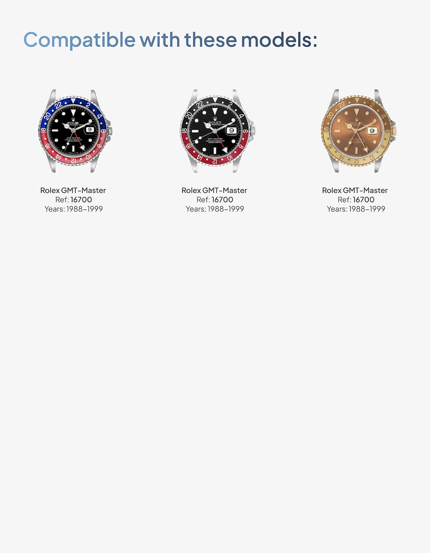Rubber strap for Rolex GMT Master 16700
compatible with these models