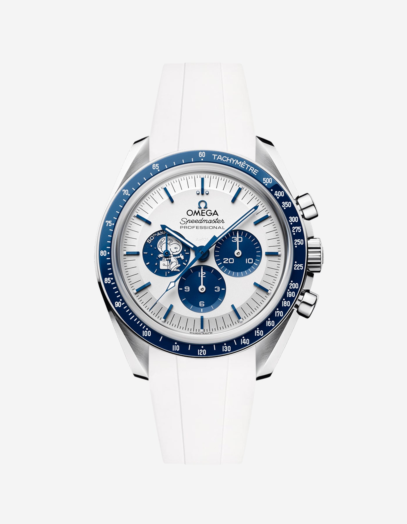 Omega Speedmaster Snoopy watch with white fkm rubber watch strap and face on a white background
