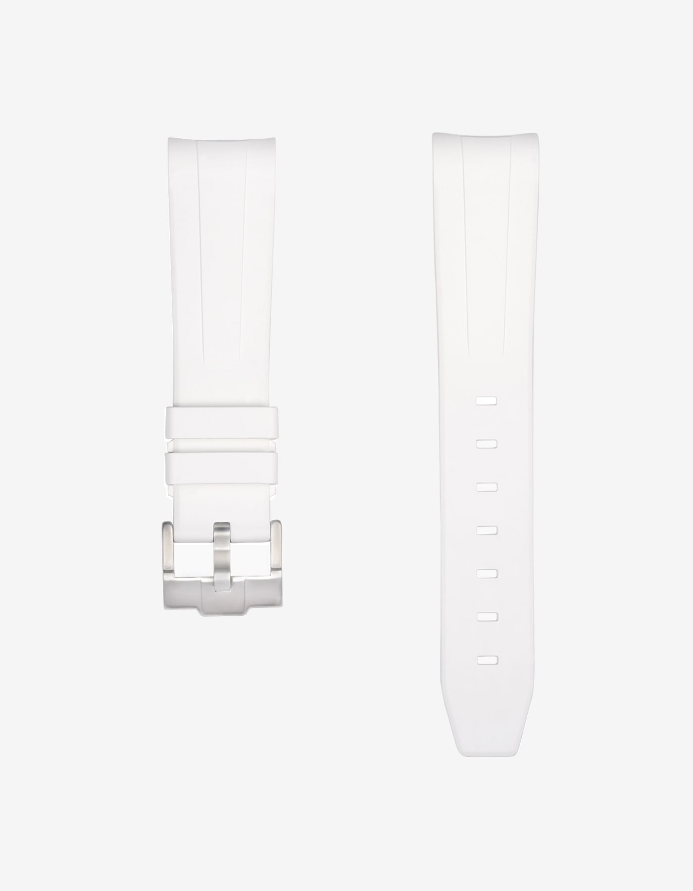 White watch strap with metal buckle on a white background