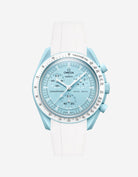 Omega X Swatch MoonSwatch Uranus watch with blue face and white strap on a light gray background