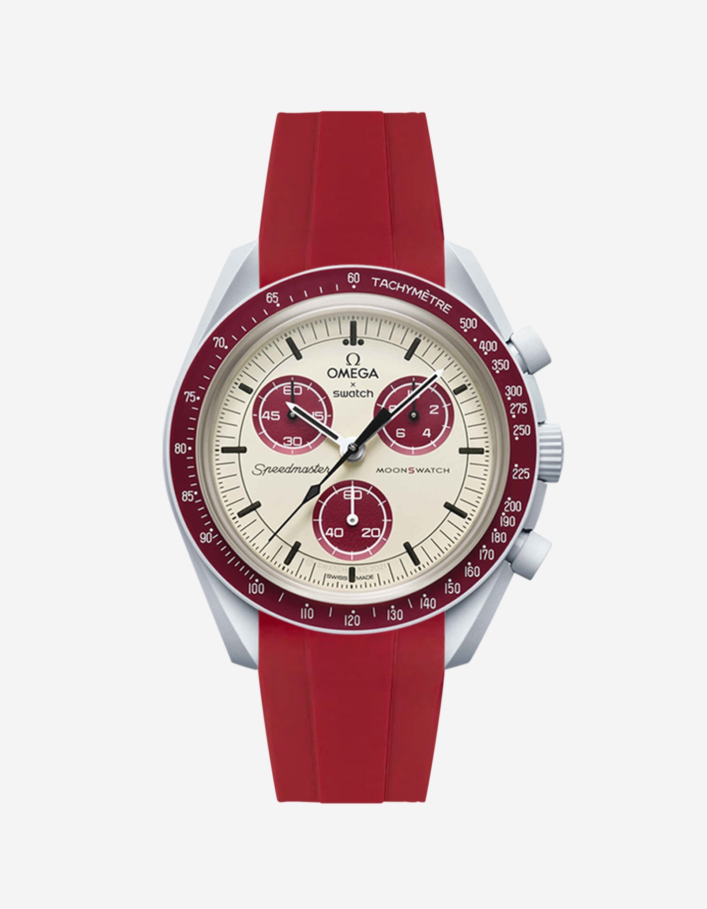 A burgundy curved rubber watch strap with a stainless steel buckle, designed for the Omega X Swatch MoonSwatch Mission to Pluto watch.