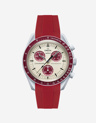 A burgundy curved rubber watch strap with a stainless steel buckle, designed for the Omega X Swatch MoonSwatch Mission to Pluto watch.